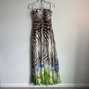 Tony Bowls Women Gown Sz 8 Brown White Zebra Silk Jeweled Halter Maxi Dress